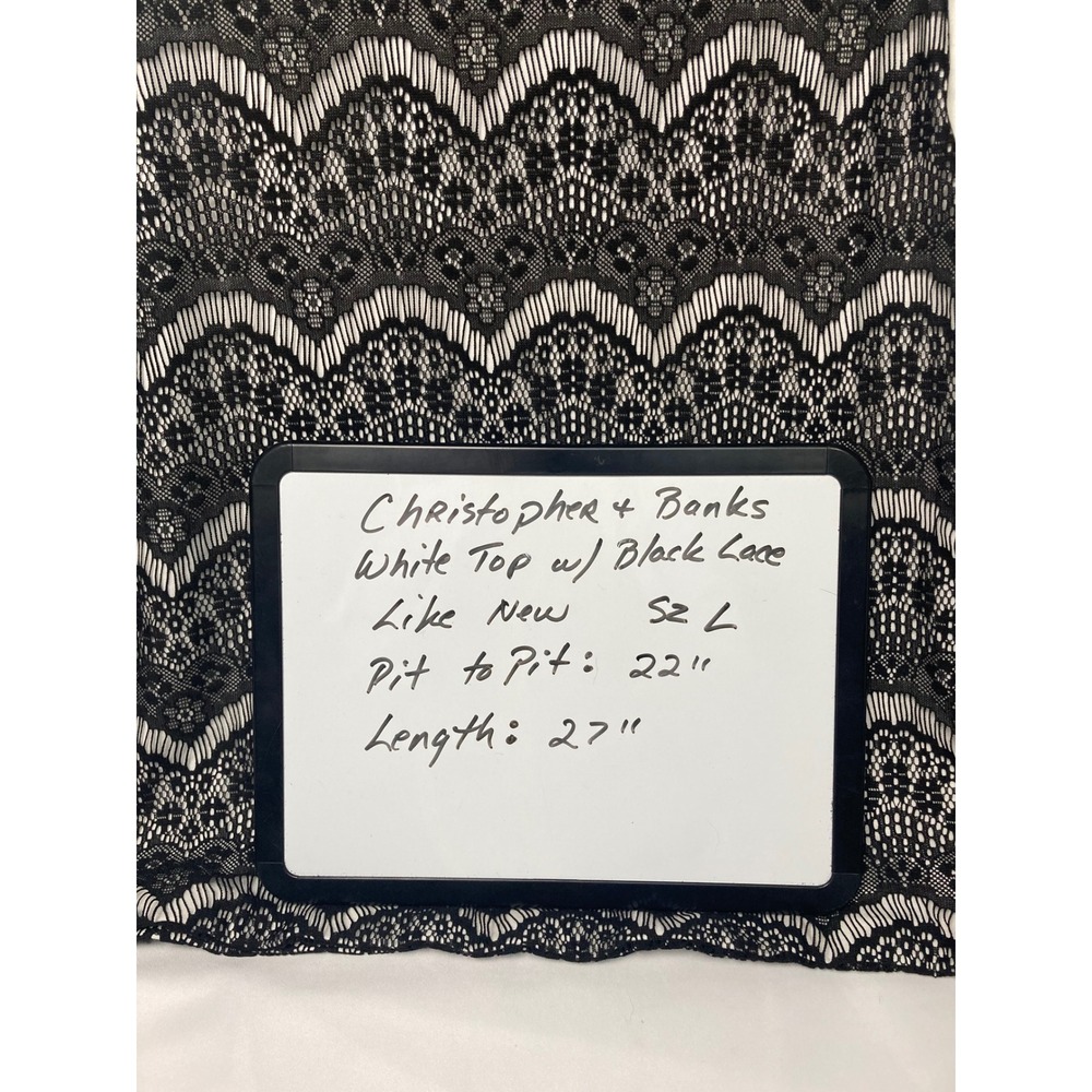 Christopher & Banks White 3/4 Sleeve Top Black‎ Lace Yoke Womens Size Large - Picture 5 of 7